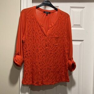 Relativity - Orange Bohemian V-Neck Pocket Long Sleeve Lace Buttoned Top - Sz L